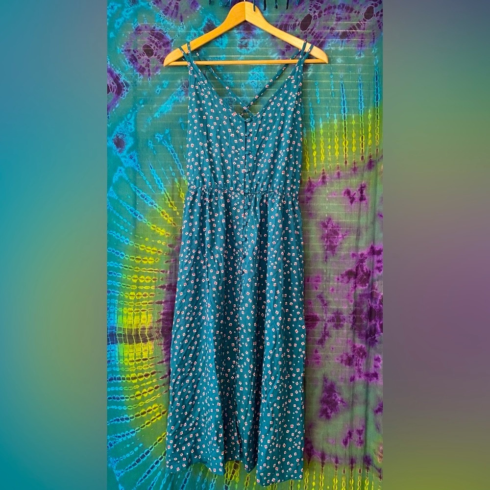 Roxy - Teal Dress with White and Red Floral Pattern. Women’s- Medium.